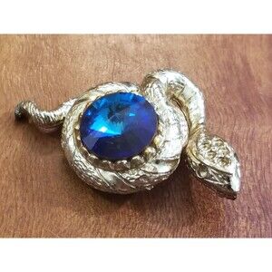 Vintage 1960s  Snake Brooch Gold Tone Large Azure Rivoli Stone & Aurora Borealis